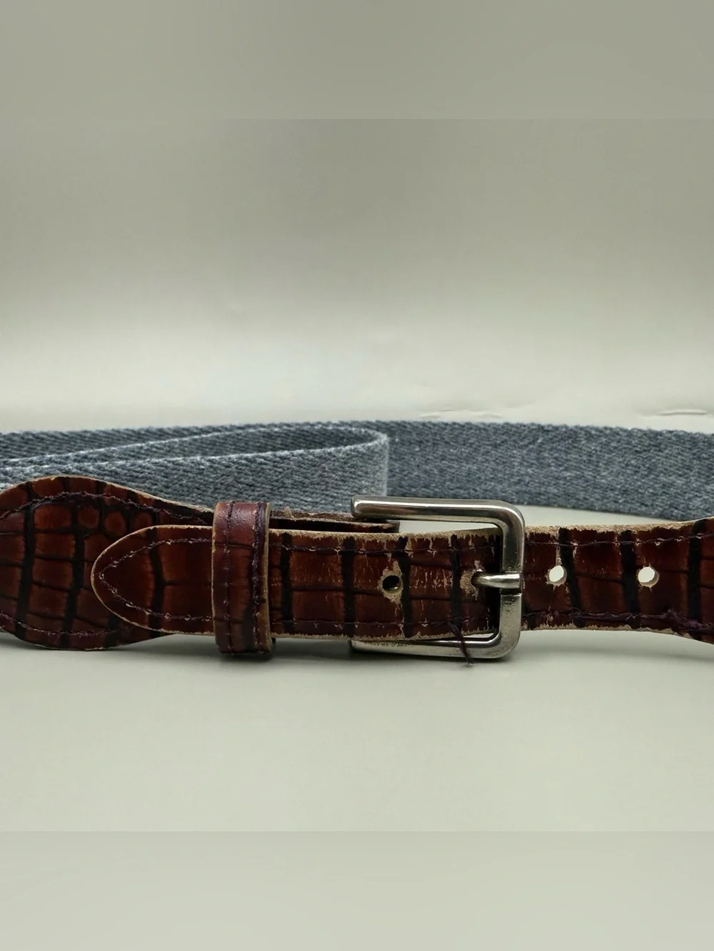 Vintage Leather Brown Grey Fabric Belt 39”